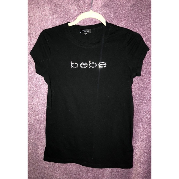 Bebe Tops Bebe Logo Rhinestone Shirt Size M Black Poshmark